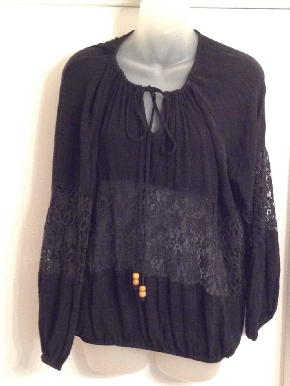 POL Black Lace Panel Sheer Ruched Front Tie Peasant Top Distressed Black L